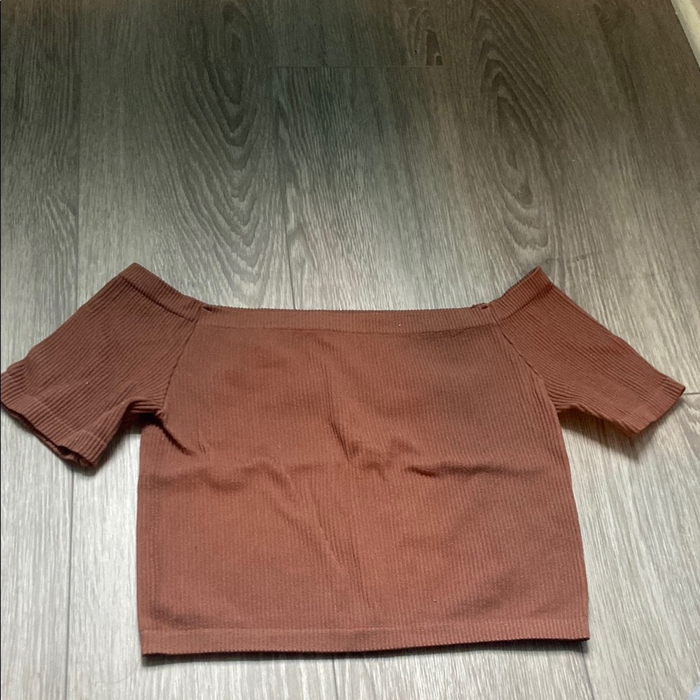 Brown Fitted Crop Top with Wide Neckline